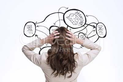 Composite image of young classy businesswoman with hands on head