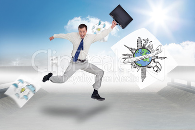 Composite image of cheerful jumping businessman with his suitcas