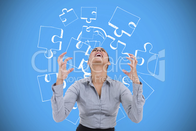 Composite image of furious businesswoman gesturing