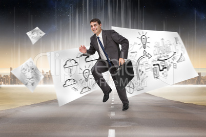 Composite image of cheerful businessman in a hurry