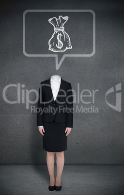 Headless businesswoman with money bag in speech bubble