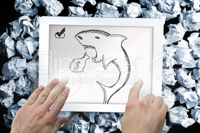 Composite image of hands pointing and presenting on tablet