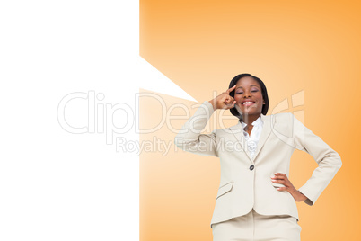 Composite image of thinking businesswoman with speech bubble