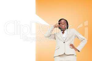 Composite image of thinking businesswoman with speech bubble