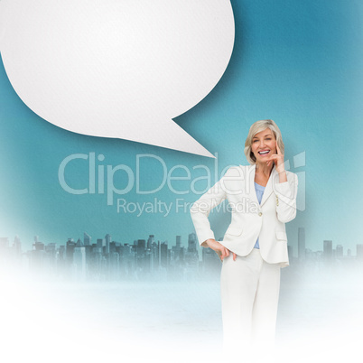 Composite image of thinking businesswoman with speech bubble