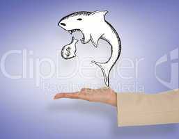 Composite image of female hand presenting loan shark