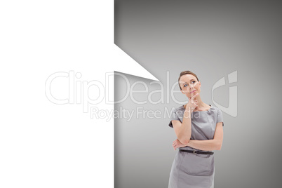Composite image of thoughtful woman posing in dress with speech