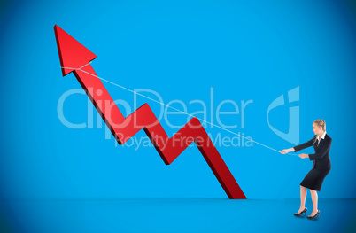 Composite image of businesswoman pulling a rope around arrow