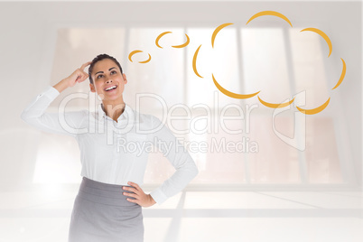 Composite image of smiling thoughtful businesswoman with speech