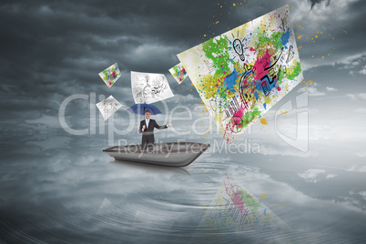 Composite image of peaceful businessman holding blue umbrella in