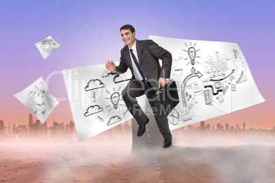 Composite image of cheerful businessman in a hurry