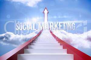 Social marketing against red steps arrow pointing up against sky
