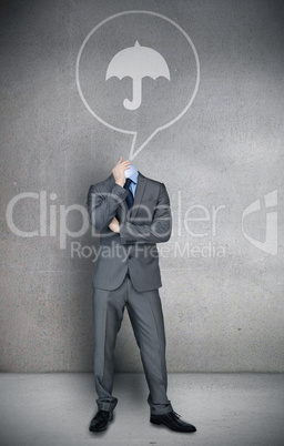 Headless businessman with umbrella in speech bubble