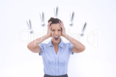 Composite image of stressed businessswoman with hand on her head