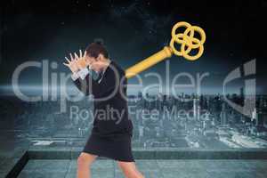 Composite image of wound up businesswoman gesturing