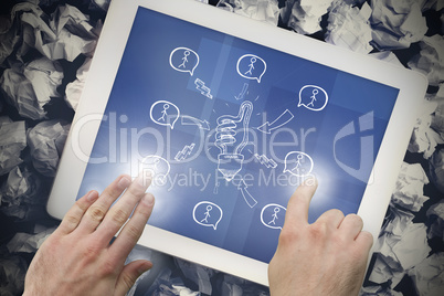 Composite image of hand touching tablet