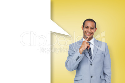 Composite image of thinking businessman with speech bubble