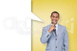 Composite image of thinking businessman with speech bubble