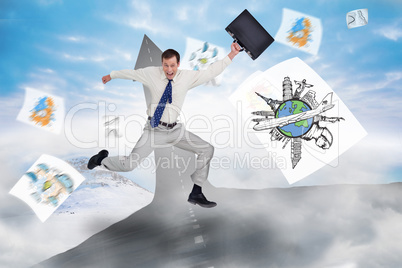 Composite image of cheerful jumping businessman with his suitcas