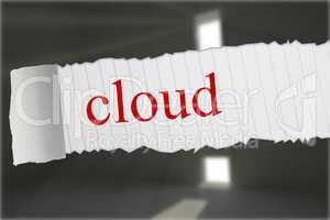 Cloud against grey room with exclamation mark door