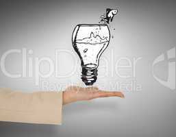 Composite image of female hand presenting fish in light bulb