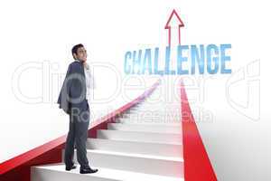 Challenge against red arrow with steps graphic