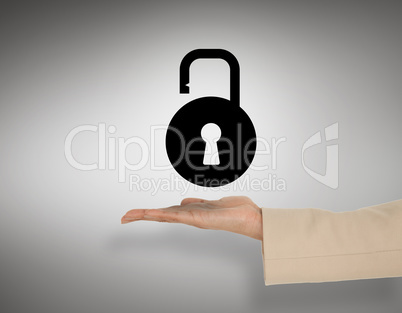 Composite image of female hand presenting lock