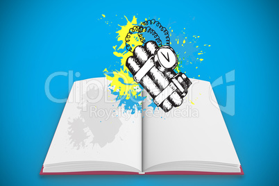 Composite image of dynamite on paint splashes on open book