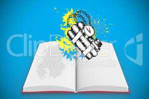 Composite image of dynamite on paint splashes on open book