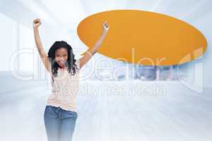 Composite image of a young happy woman with speech bubble
