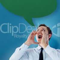 Composite image of businessman shouting with speech bubble