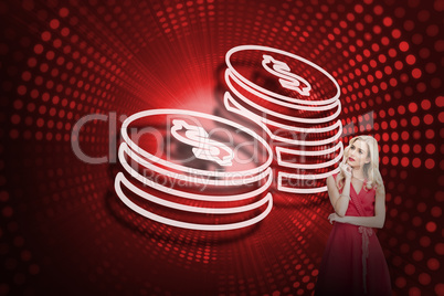 Composite image of coins and sexy blonde