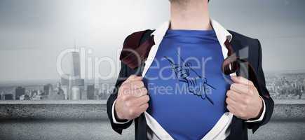 Composite image of businessman opening his shirt superhero style