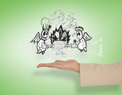 Composite image of female hand presenting good vs evil