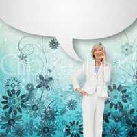 Composite image of thinking businesswoman with speech bubble