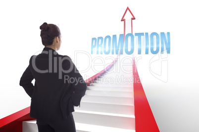 Promotion against red arrow with steps graphic