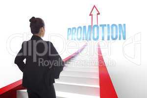 Promotion against red arrow with steps graphic