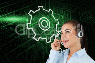 Composite image of cog and wheel with call center worker