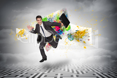 Composite image of smiling businessman in a hurry