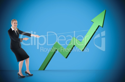 Composite image of businesswoman pulling a rope around arrow