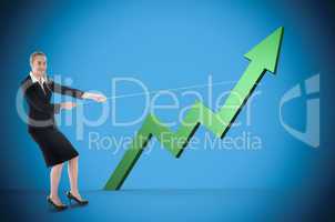 Composite image of businesswoman pulling a rope around arrow