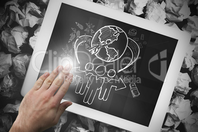 Composite image of hand touching tablet