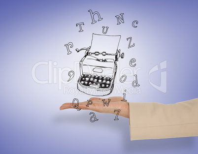 Composite image of female hand presenting typewriter
