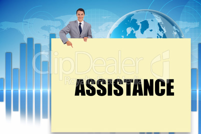 Businessman showing card saying assitance