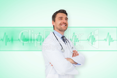 Composite image of handsome young doctor with arms crossed