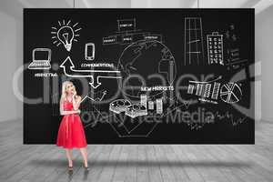 Composite image of thoughtful blonde wearing red dress