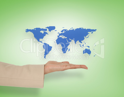 Composite image of female hand presenting blue map