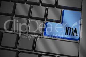 Html on black keyboard with blue key