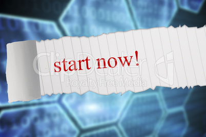 Start now! against black background with shiny hexagons