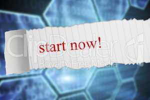 Start now! against black background with shiny hexagons